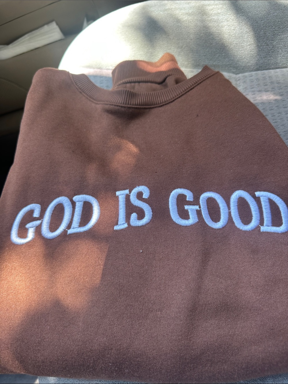 Brown 'God Is Good' Embroidered Crewneck Sweater